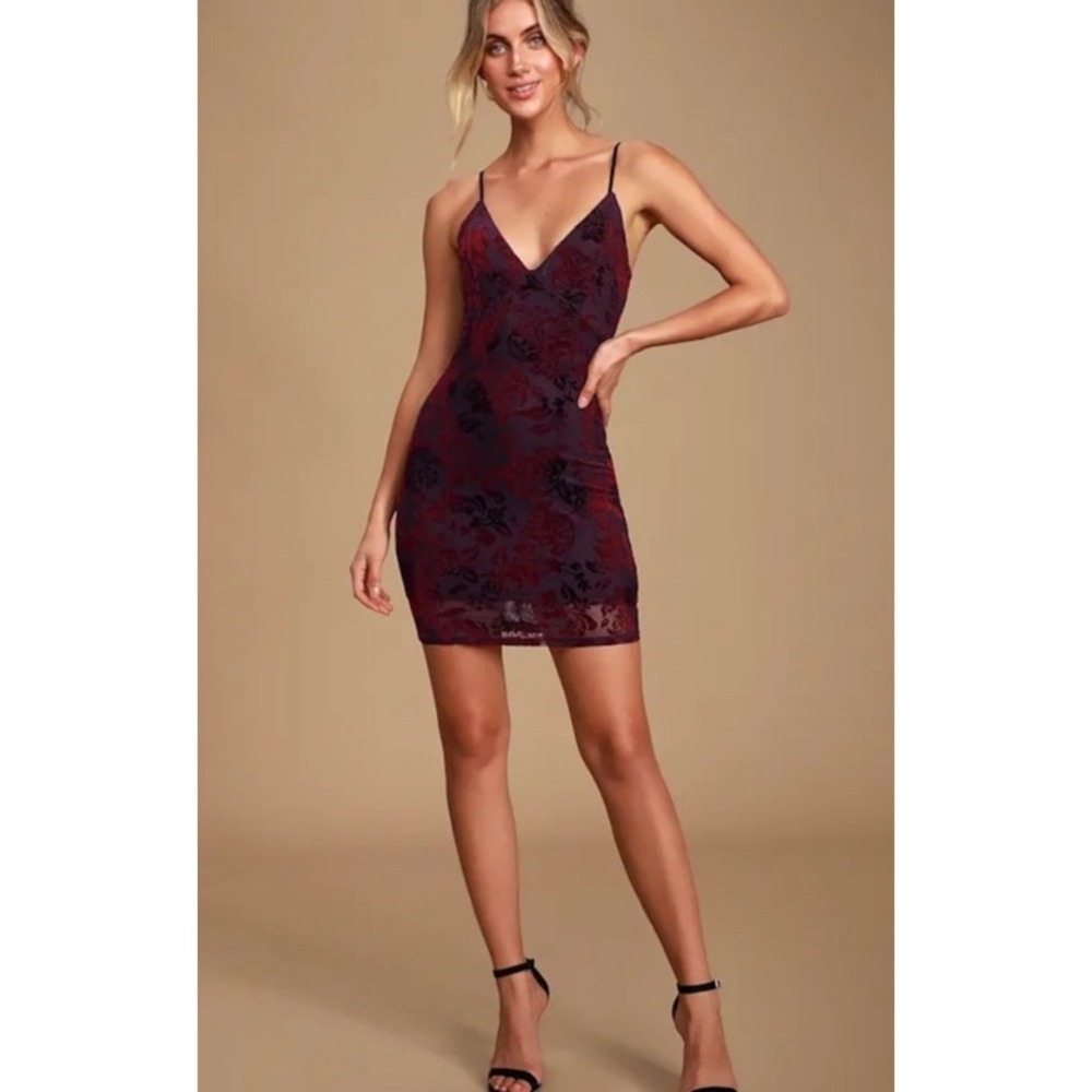 Privy Women's M Purple Red Flocked Velvet Floral Damask Mesh Bodycon‎ Mini Dress